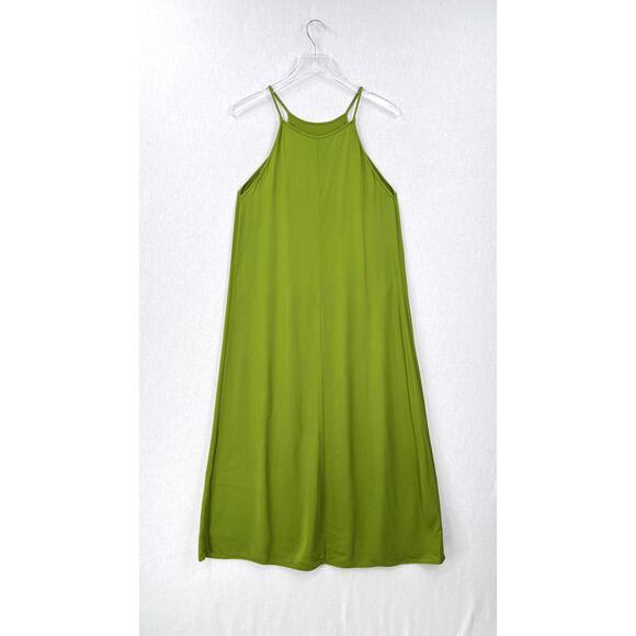 ZARA Midi Slip Dress Women Small Green Sleeveless A-line Strappy High Neck Satin - Picture 4 of 16